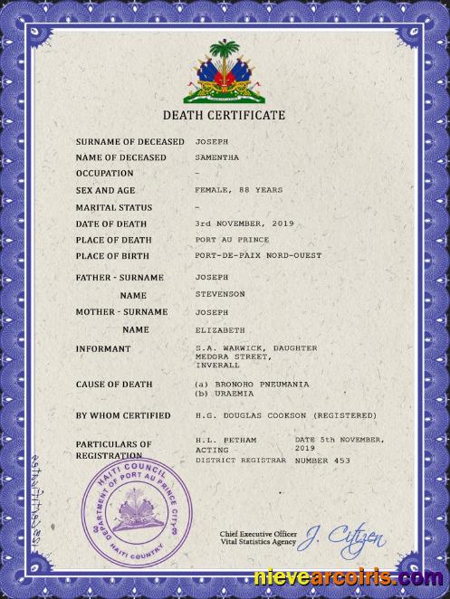 Professional Haiti Death Certificate PSD Template