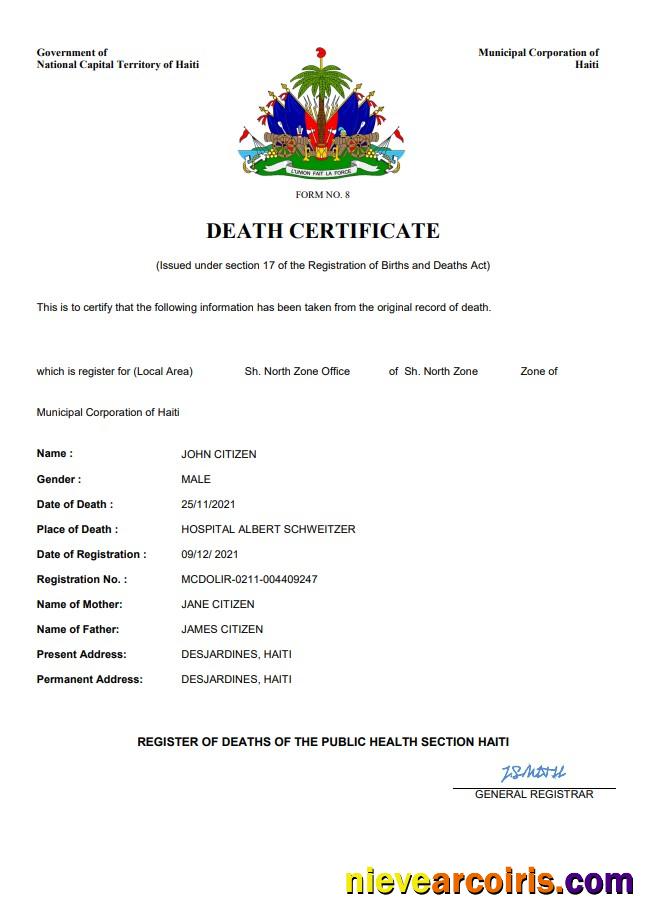 Premium Haiti Death Certificate Word And PDF Template
