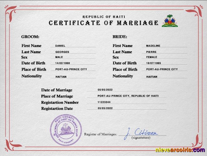 Professional Haiti Marriage Certificate PSD Template