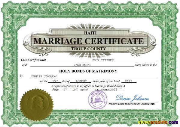 Professional Haiti Marriage Certificate Word And PDF Template