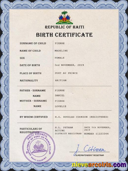 Editable Haiti Vital Record Birth Certificate PSD Template