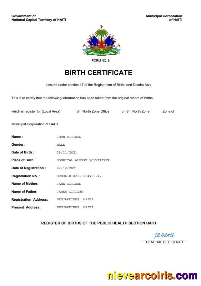 Editable Haiti Vital Record Birth Certificate Word And PDF Template