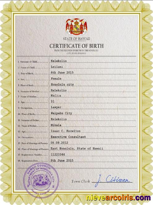 Realistic Hawaii Birth Certificate PSD Template