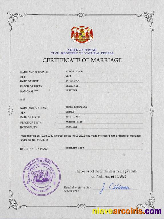 Editable Hawaii Marriage Certificate PSD Template