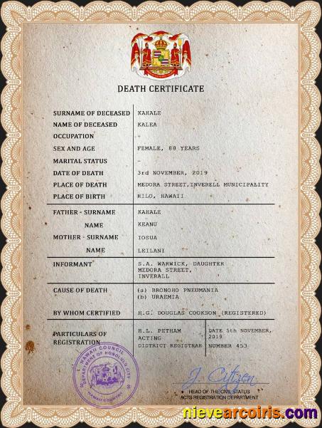 Realistic Hawaii Vital Record Death Certificate PSD Template