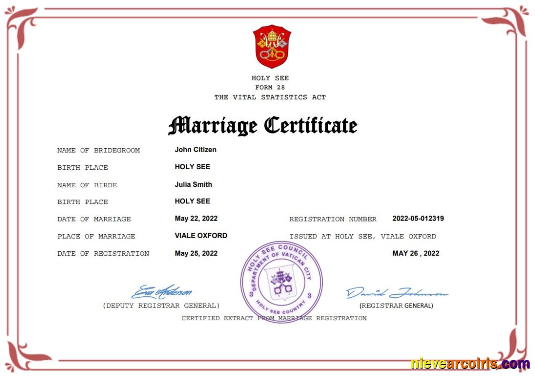 Realistic Holy See Marriage Certificate Word And PDF Template