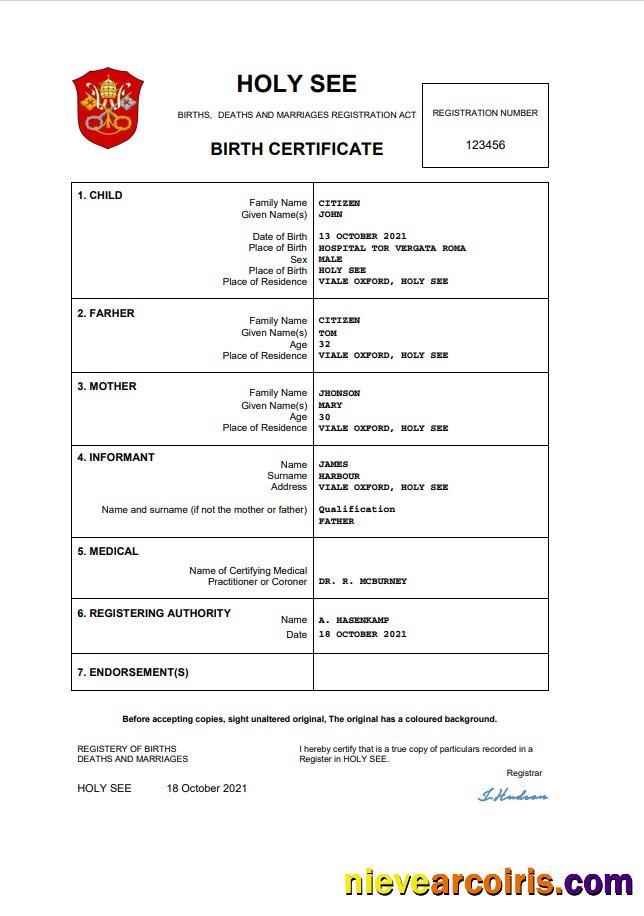 Professional Holy See Vital Record Birth Certificate Word And PDF Template