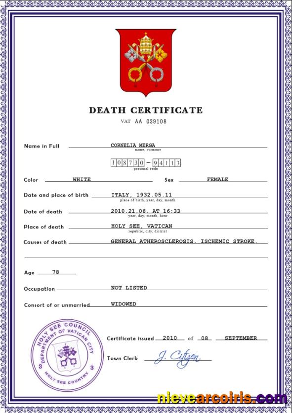 Editable Holy See Vital Record Death Certificate PSD Template