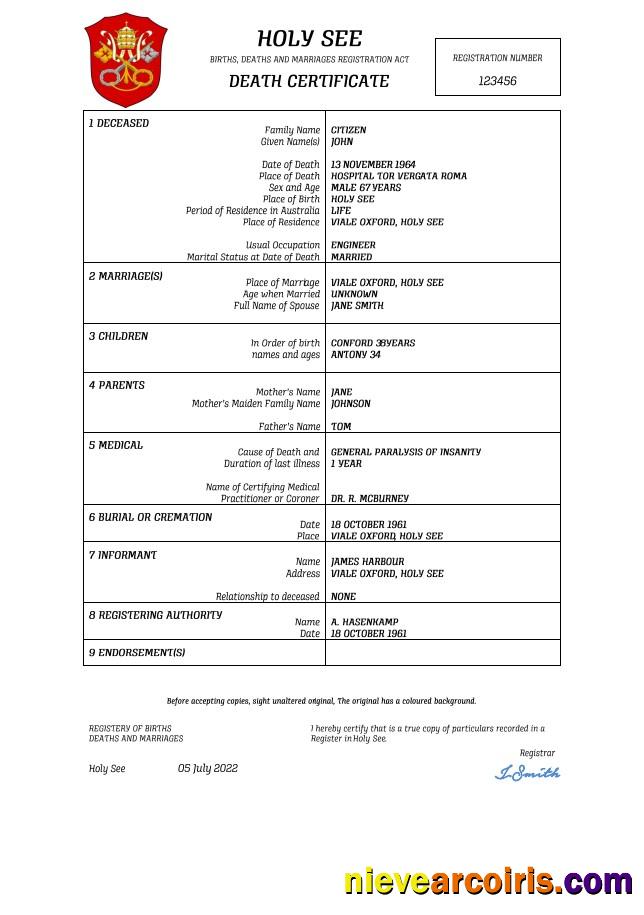 Editable Holy See Vital Record Death Certificate Word And PDF Template