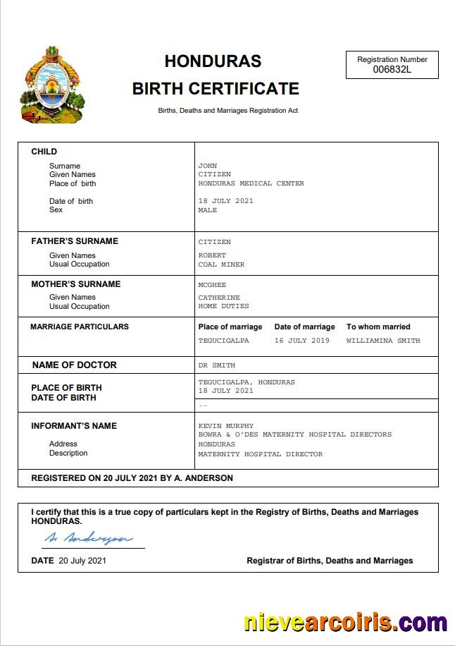 Professional Honduras Birth Certificate Word And PDF Template