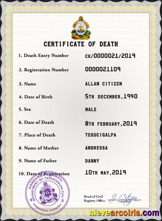Editable Honduras Death Certificate PSD Template