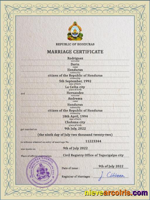 Realistic Honduras Marriage Certificate PSD Template