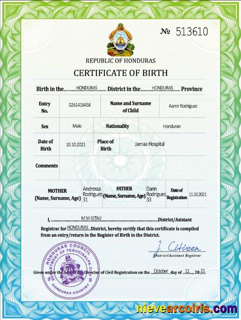 Honduras Vital Record Birth Certificate PSD Sample