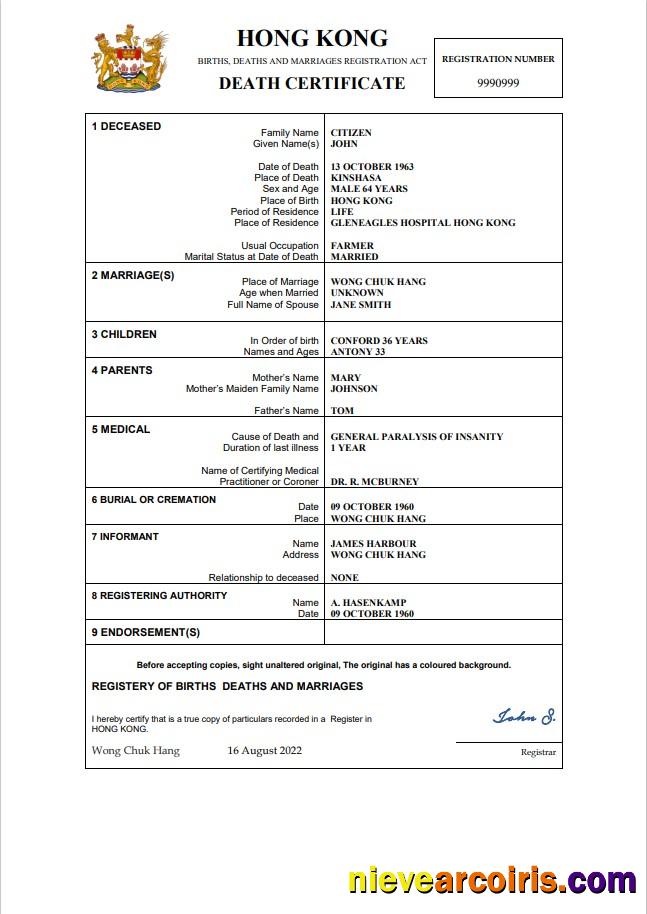 Premium Hong Kong Death Certificate Word And PDF Template,