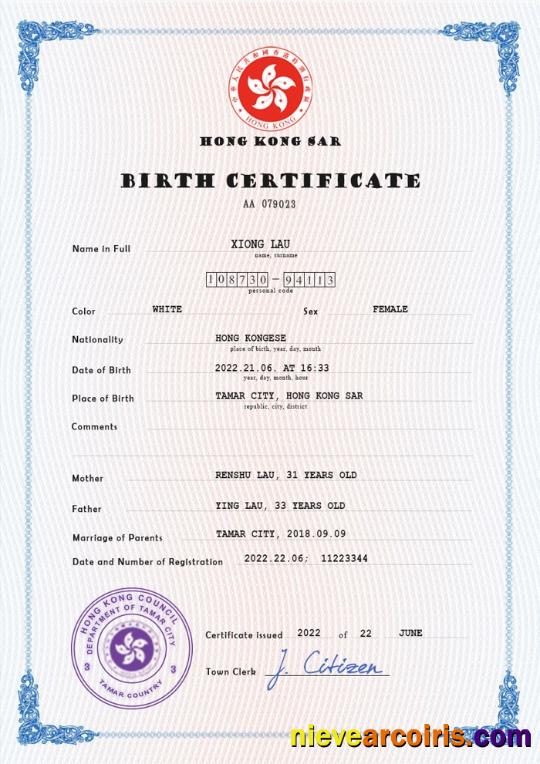 Professional Hong Kong Vital Record Birth Certificate PSD Template