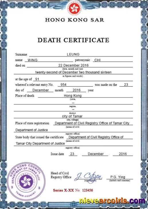 Professional Hong Kong Vital Record Death Certificate PSD Template