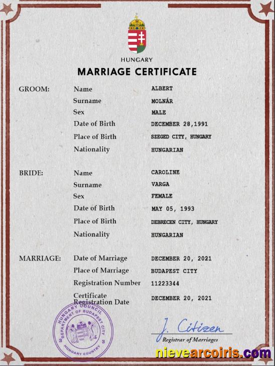 Professional Hungary Marriage Certificate PSD Template