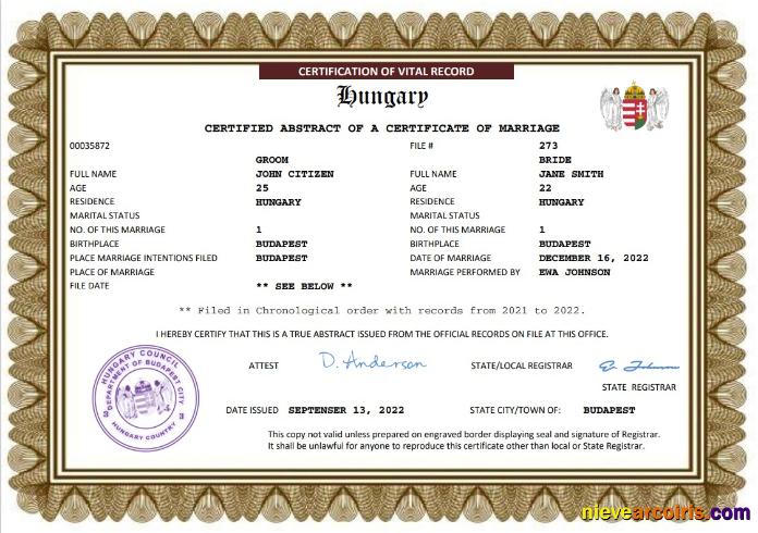 Editable Hungary Marriage Certificate Word And PDF Template
