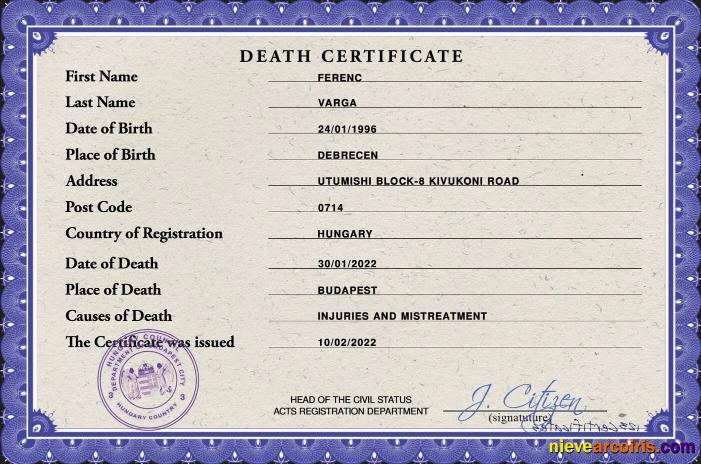 Hungary Vital Record Death Certificate PSD Photolook