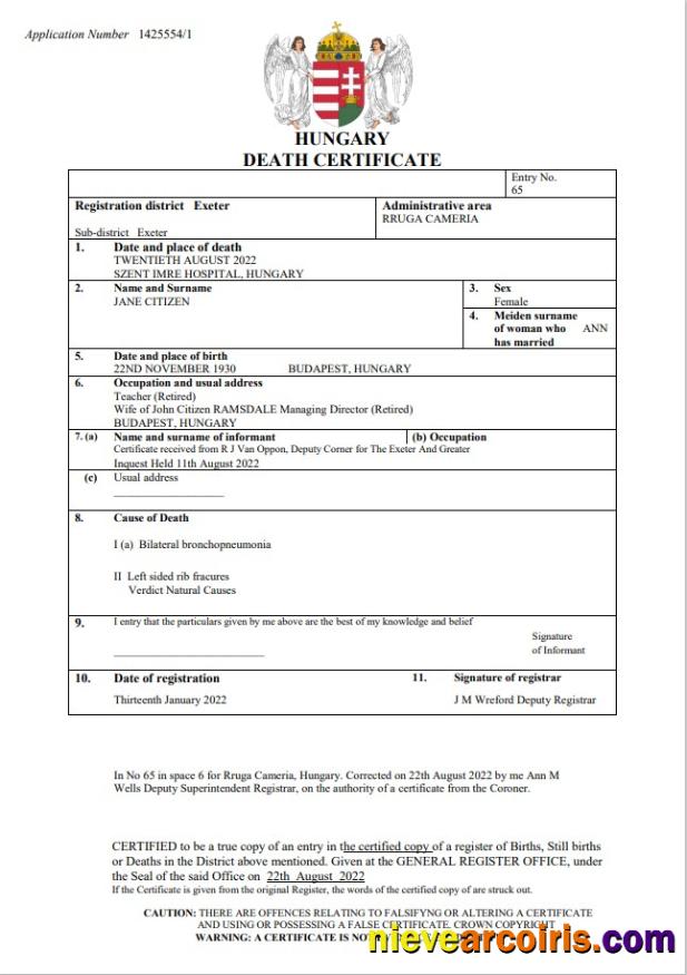 Hungary Vital Record Death Certificate Word And PDF Templat Preview