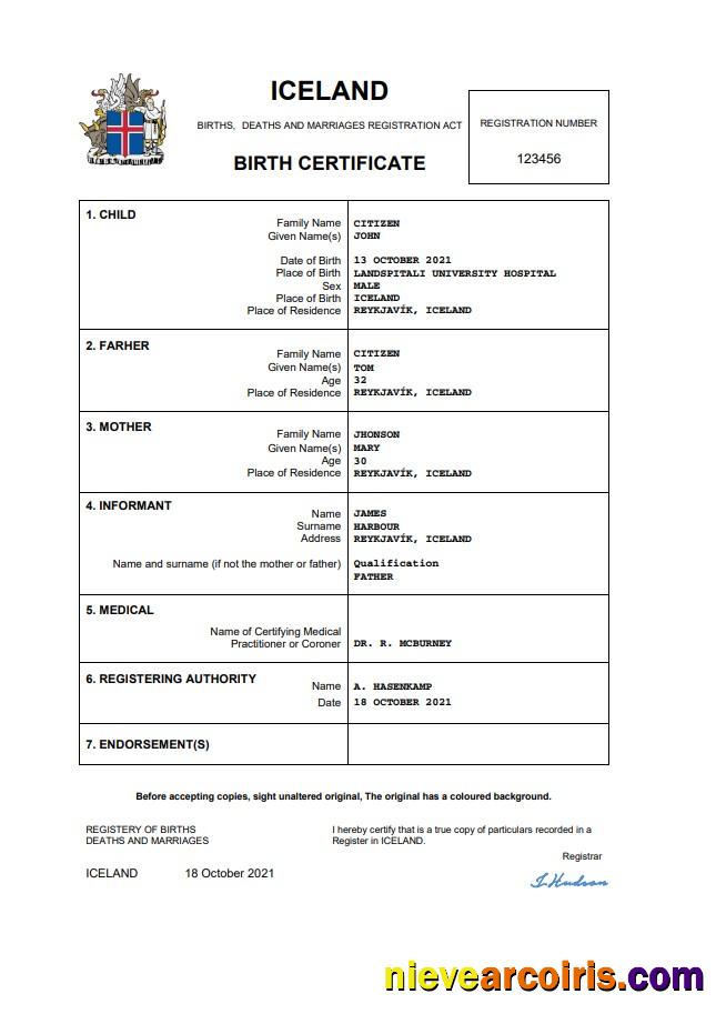 Iceland Birth Certificate Word And PDF Photolook