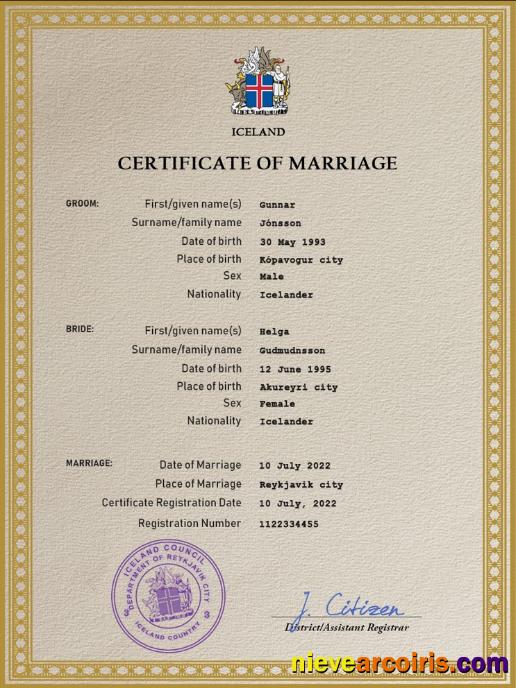 Realistic Iceland Marriage Certificate PSD Template