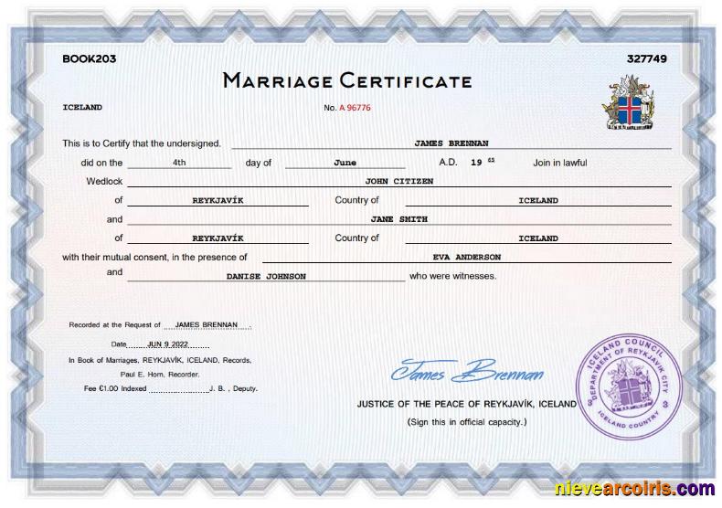 Editable Iceland Marriage Certificate Word And PDF Template