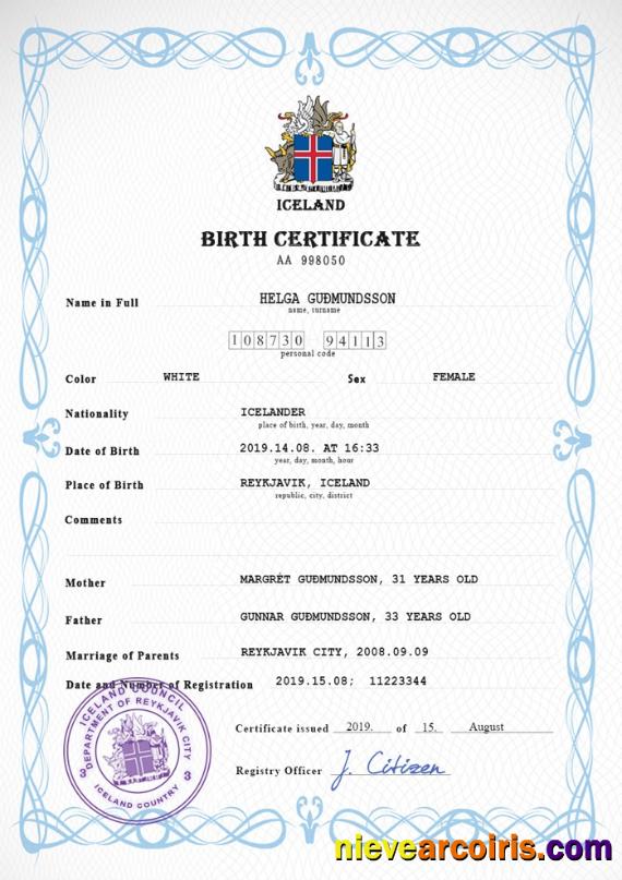Premium Iceland Vital Record Birth Certificate PSD Template