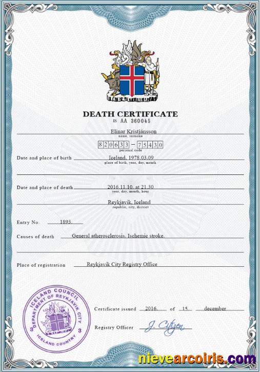 Realistic Iceland Vital Record Death Certificate PSD Template