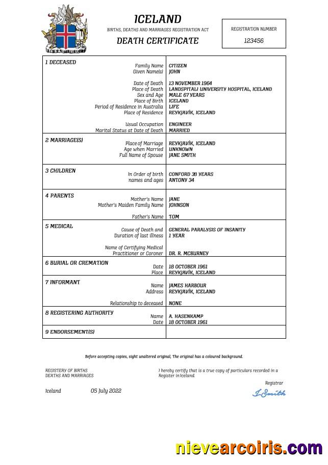 Professional Iceland Vital Record Death Certificate Word And PDF Template