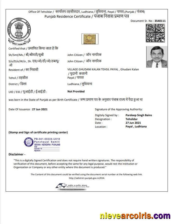 Realistic India Government Of Punjab Residence Certificate Template In Word And PDF Format