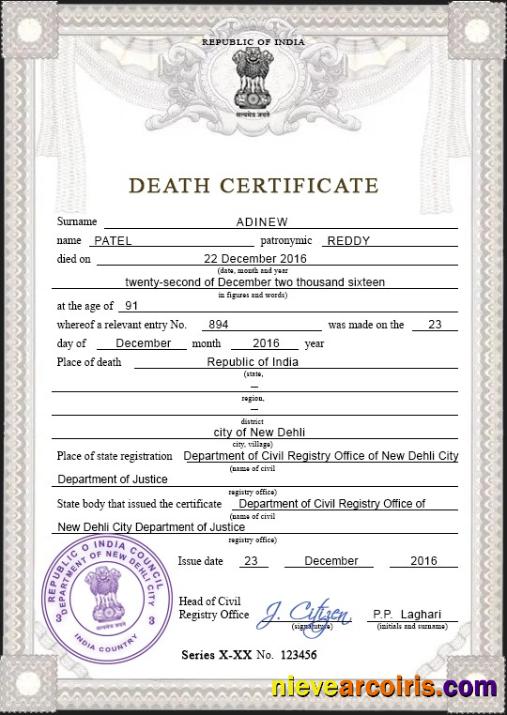 Professional India Death Certificate PSD Template,