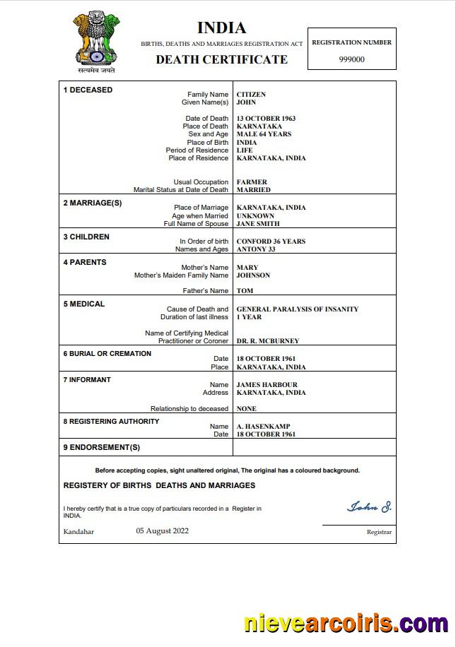 Professional India Death Certificate Word And PDF Template,