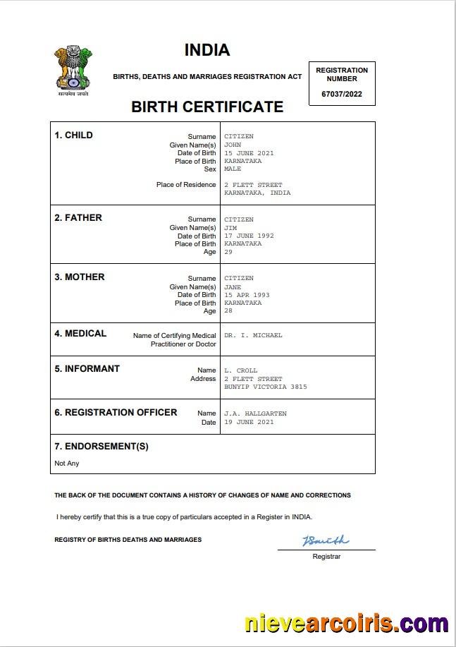 Realistic India Vital Record Birth Certificate Word And PDF Template,