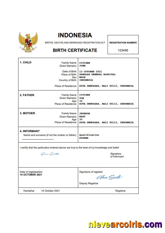 Editable Indonesia Birth Certificate Word And PDF Template
