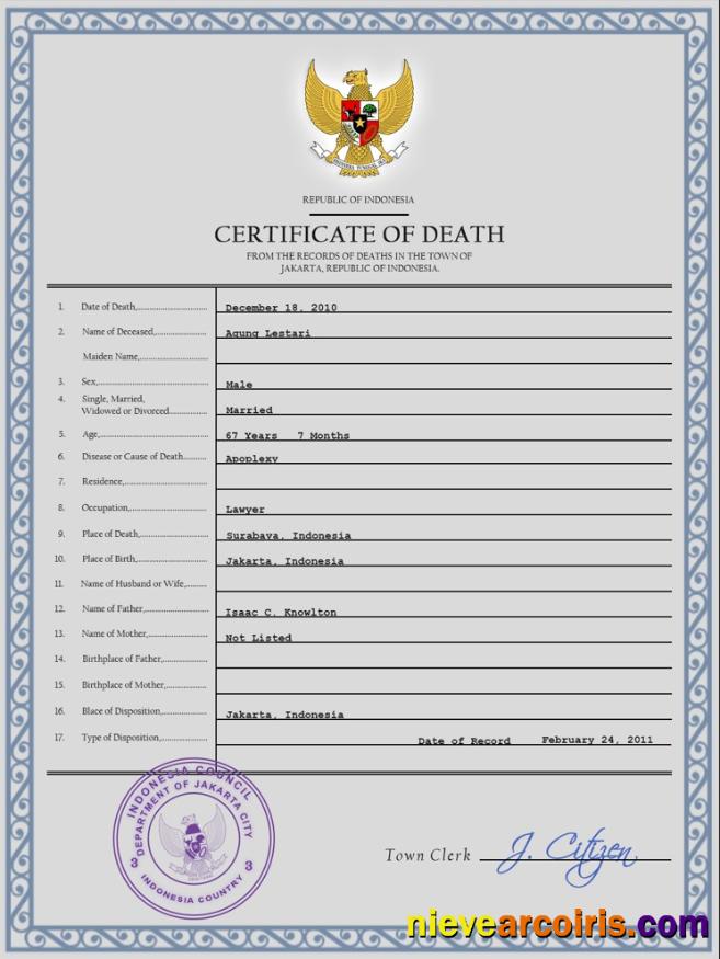 Premium Indonesia Vital Record Death Certificate PSD Template