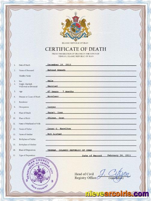 Editable Iran Death Certificate PSD Template