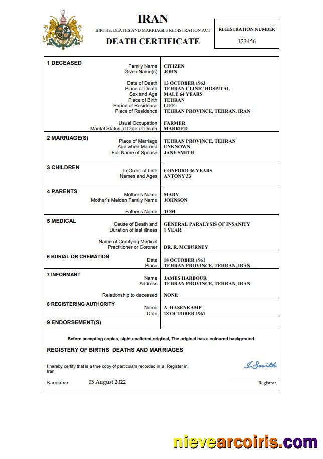 Editable Iran Death Certificate Word And PDF Template