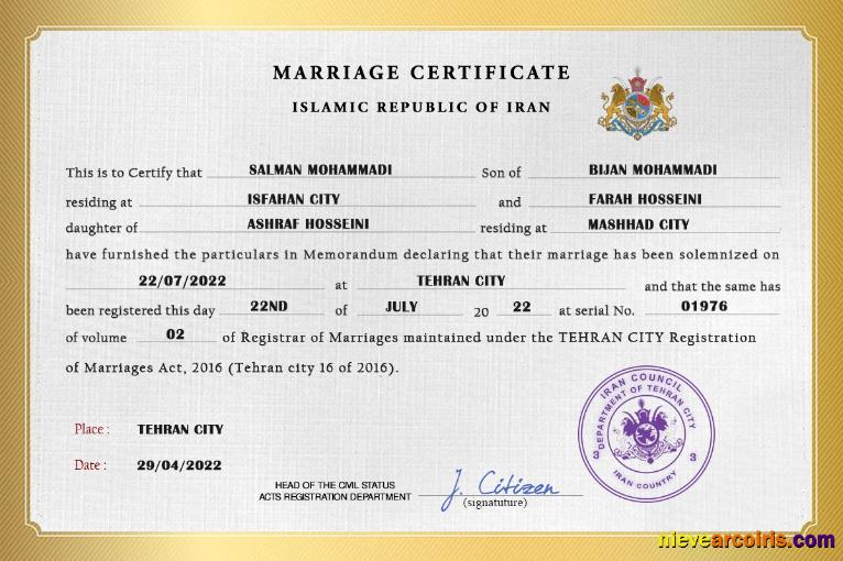 Realistic Iran Marriage Certificate PSD Template