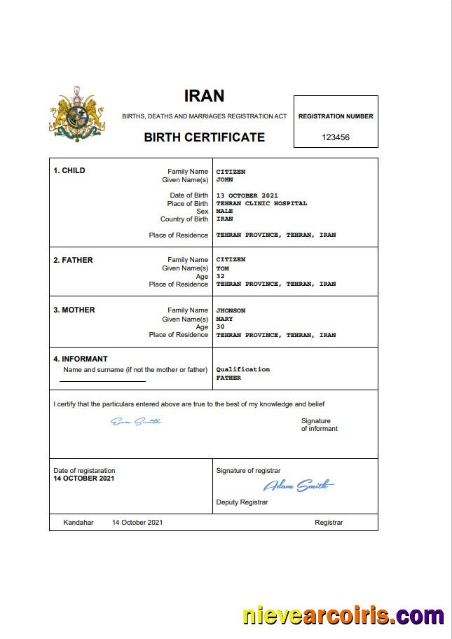 Editable Iran Vital Record Birth Certificate Word And PDF Template