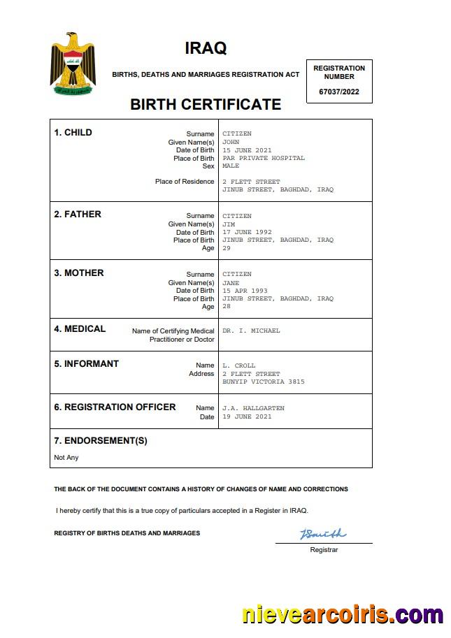 Realistic Iraq Birth Certificate Word And PDF Template