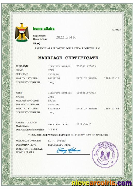 Editable Iraq Marriage Certificate Word And PDF Template
