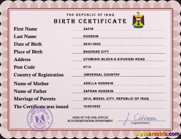 Professional Iraq Vital Record Birth Certificate PSD Template