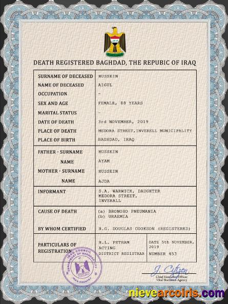 Editable Iraq Vital Record Death Certificate PSD Template