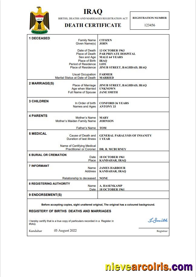 Editable Iraq Vital Record Death Certificate Word And PDF Template
