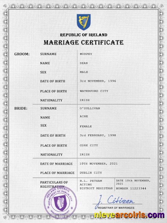 Editable Ireland Marriage Certificate PSD Template