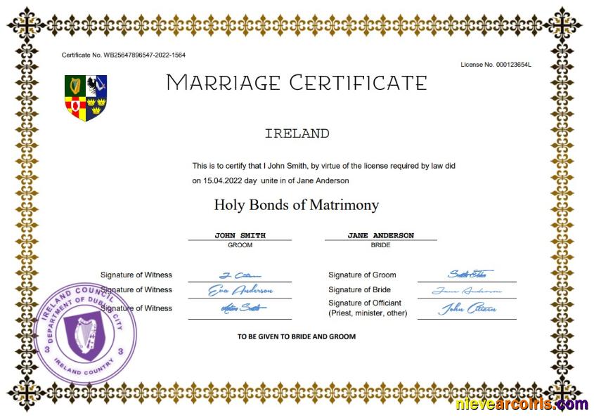 Editable Ireland Marriage Certificate Word And PDF Template