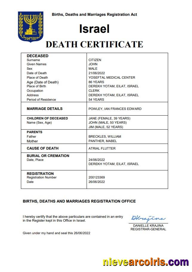 Professional Israel Death Certificate Word And PDF Template