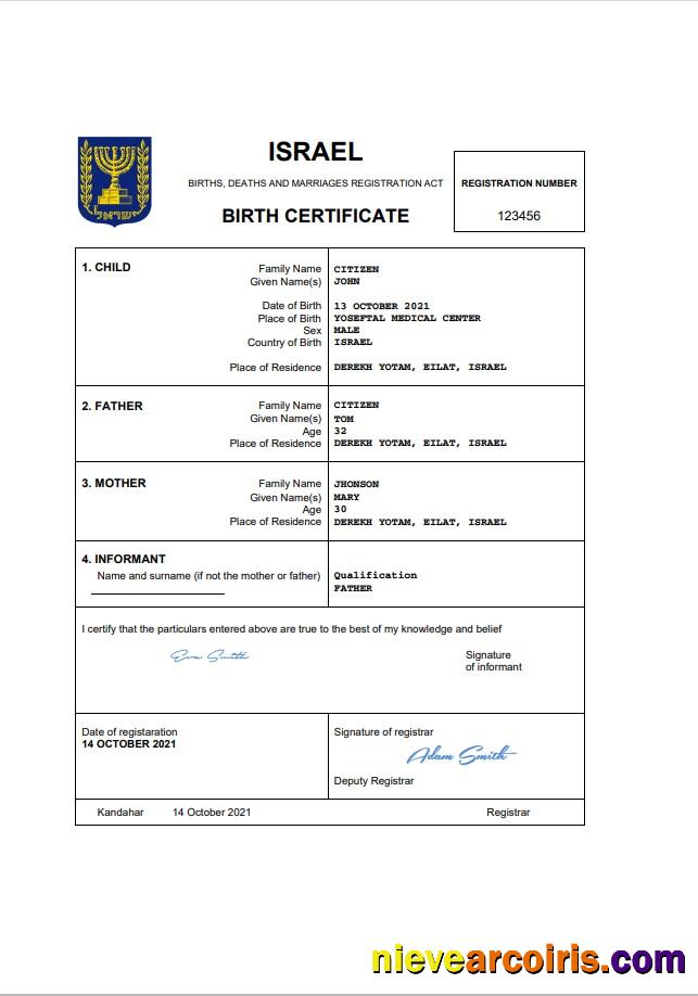 Premium Israel Vital Record Birth Certificate Word And PDF Template