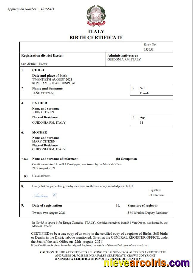 Editable Italy Birth Certificate Word And PDF Template, Completely Editable